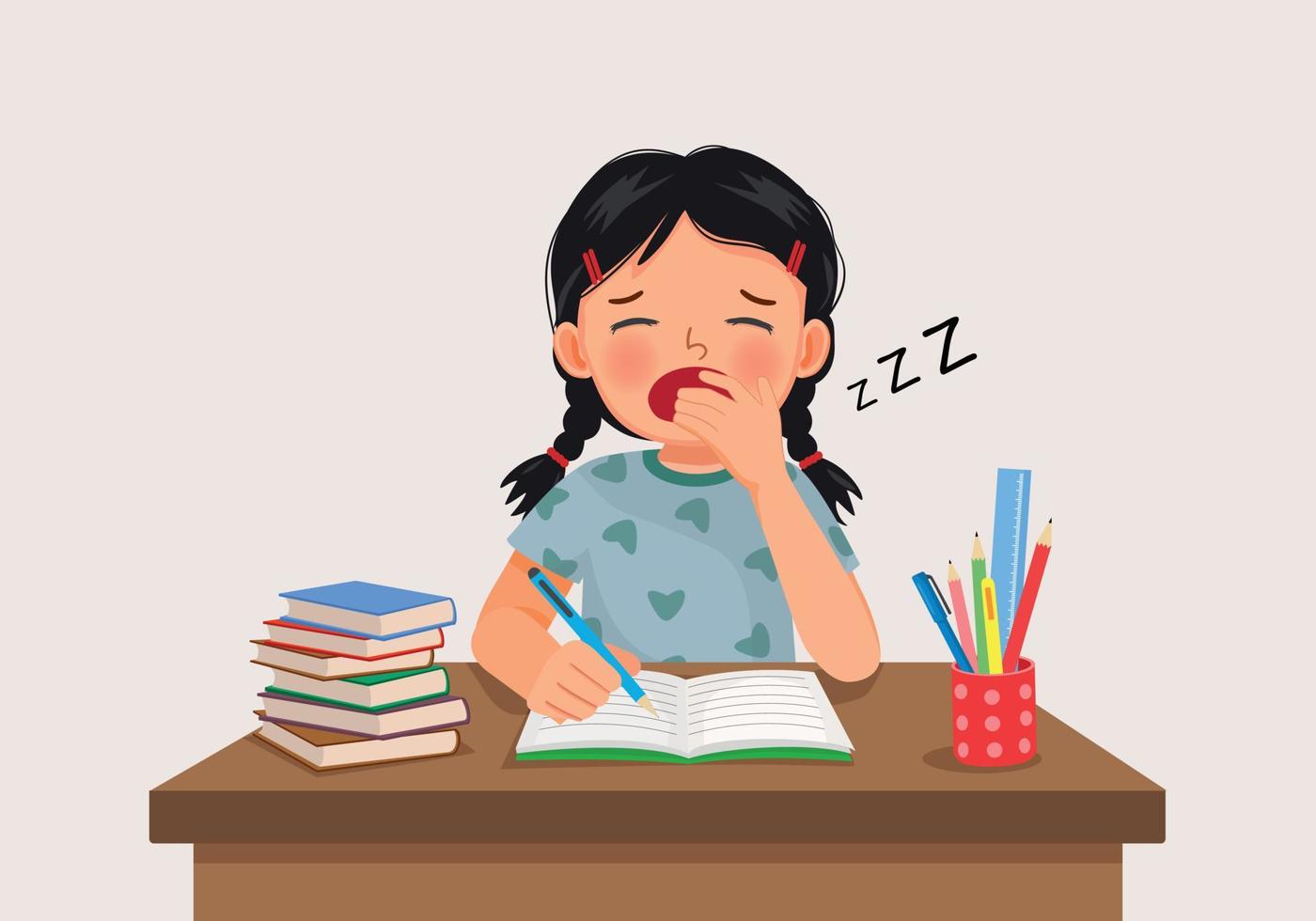 cute little girl yawning feeling sleepy while studying doing homework on the desk vector