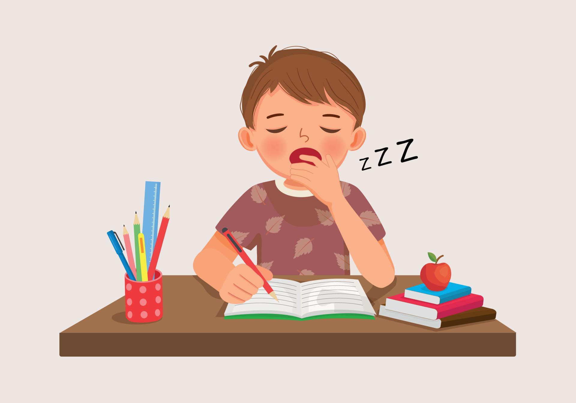 cute little boy yawning feeling sleepy while studying doing homework on cute little boy yawning feeling sleepy while studying doing homework on