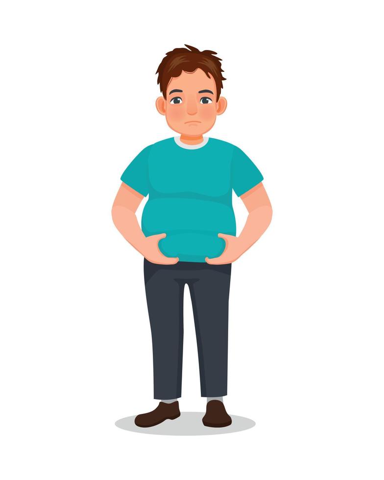 Overweight young man touching his fat belly hoping to lose weight vector