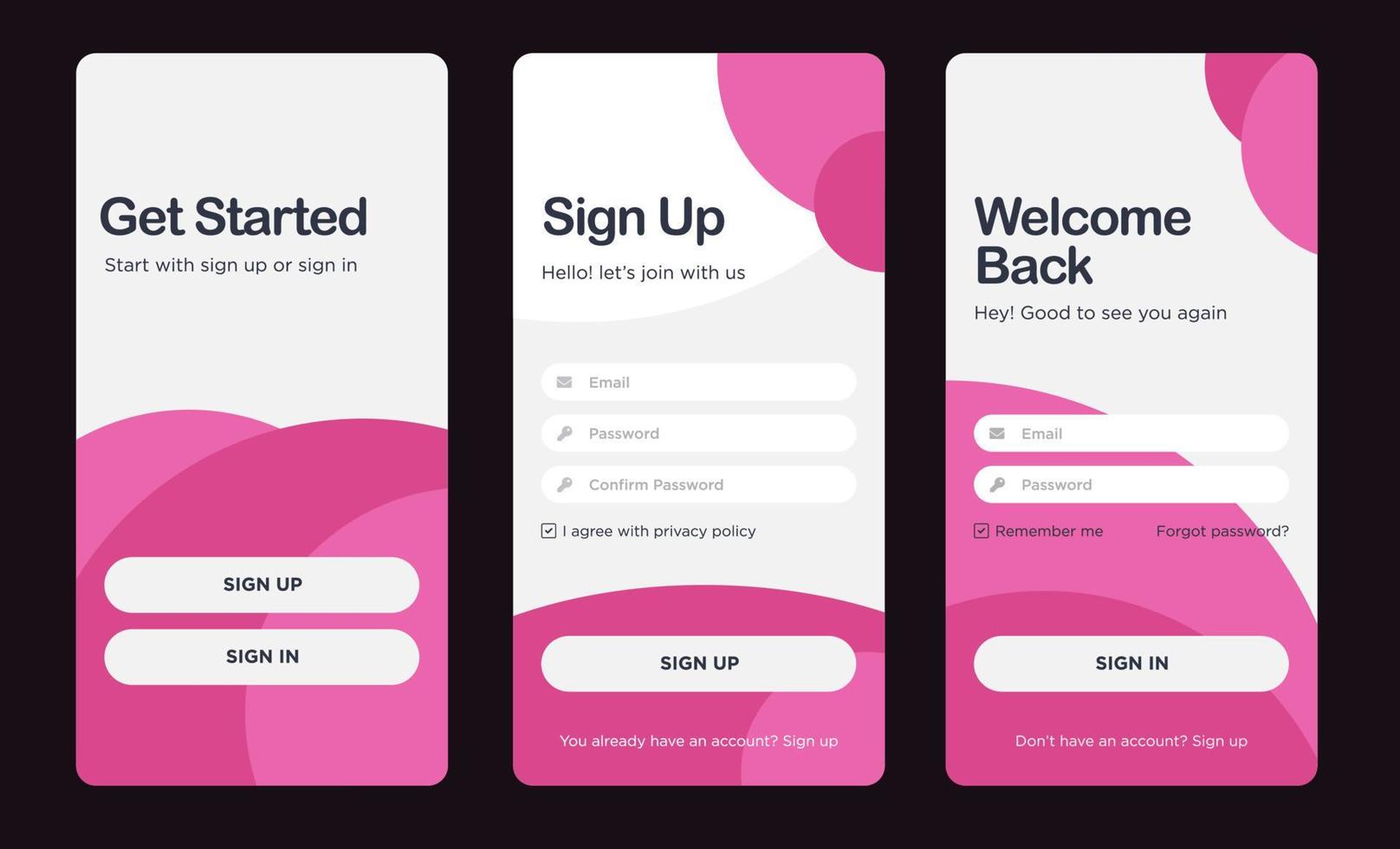 login and sign up ui concept in pink color 16384507 Vector Art at Vecteezy