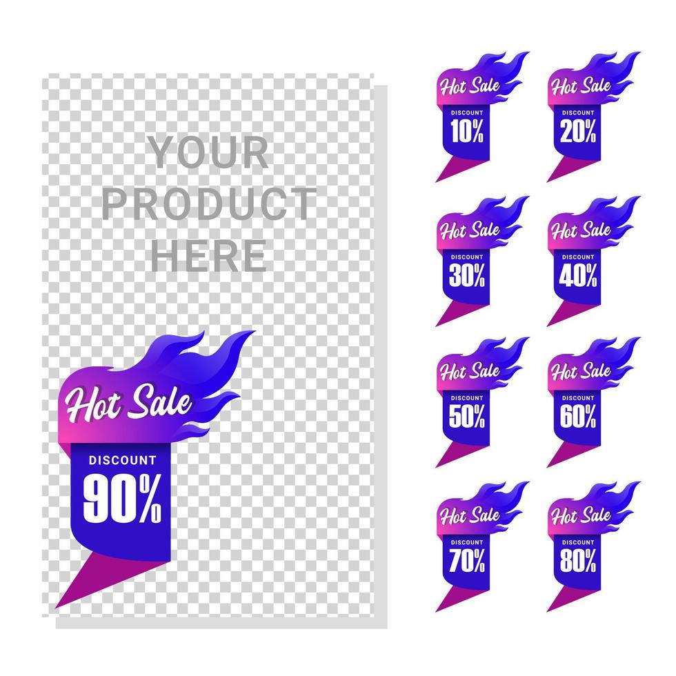 set of discount sticker badge, hot sale in purple and pink color vector
