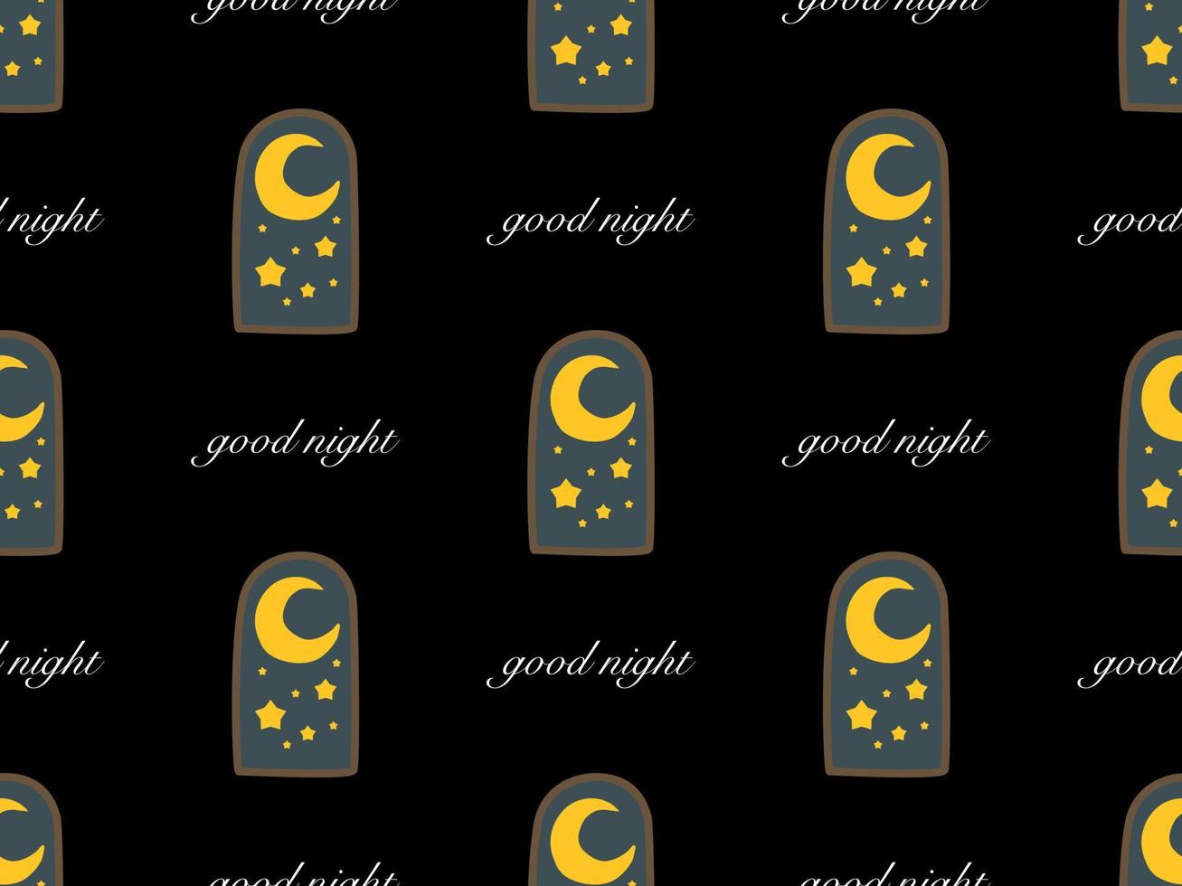 Good night cartoon character seamless pattern on black background vector