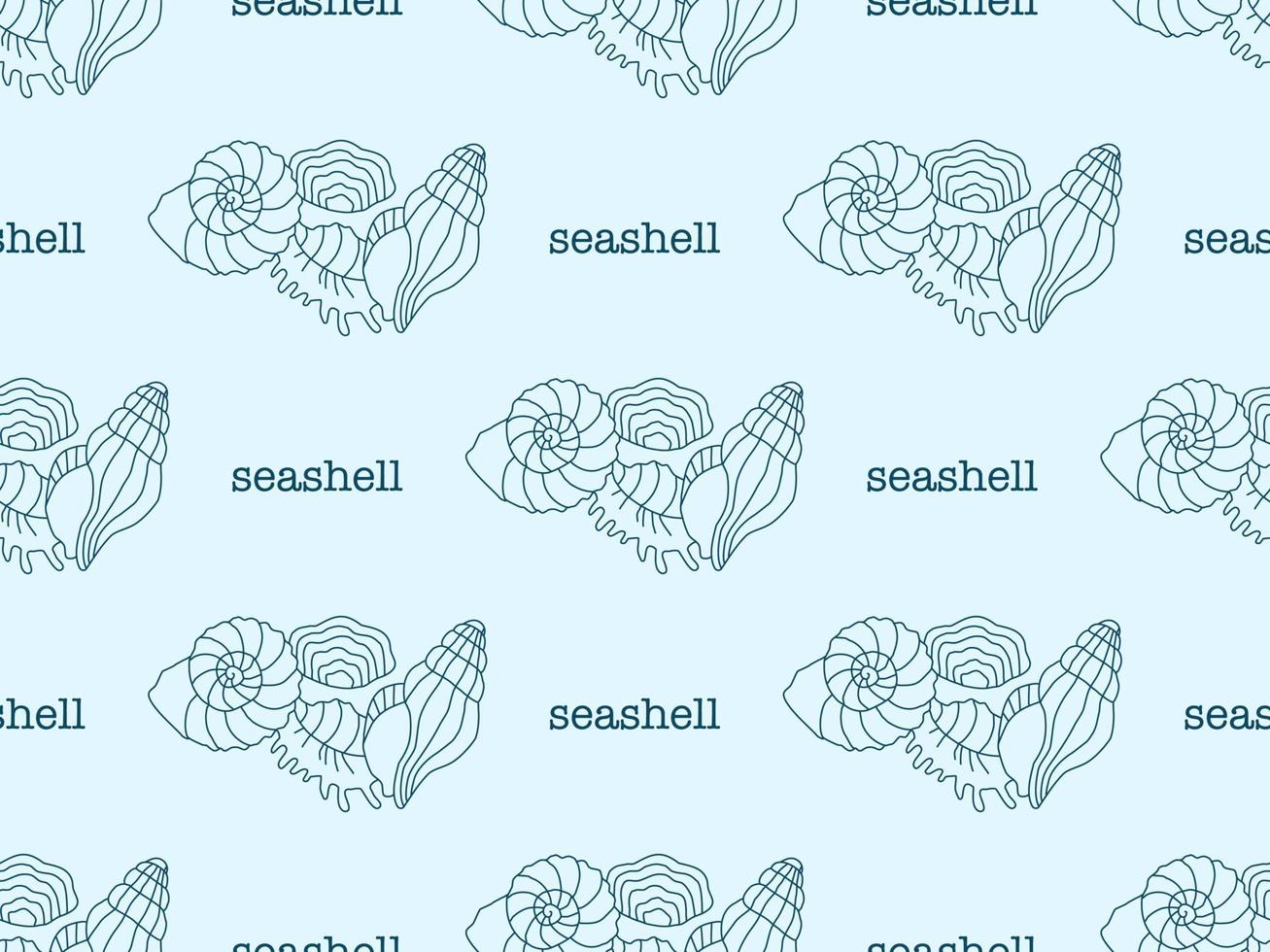 Seashell cartoon character seamless pattern on blue background vector