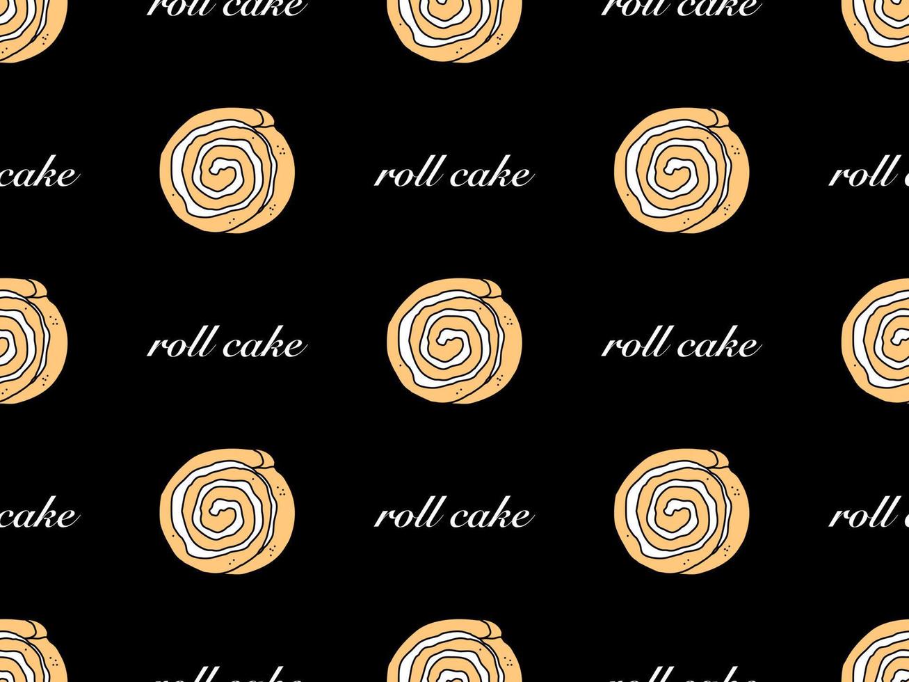 Roll cake cartoon character seamless pattern on black background vector