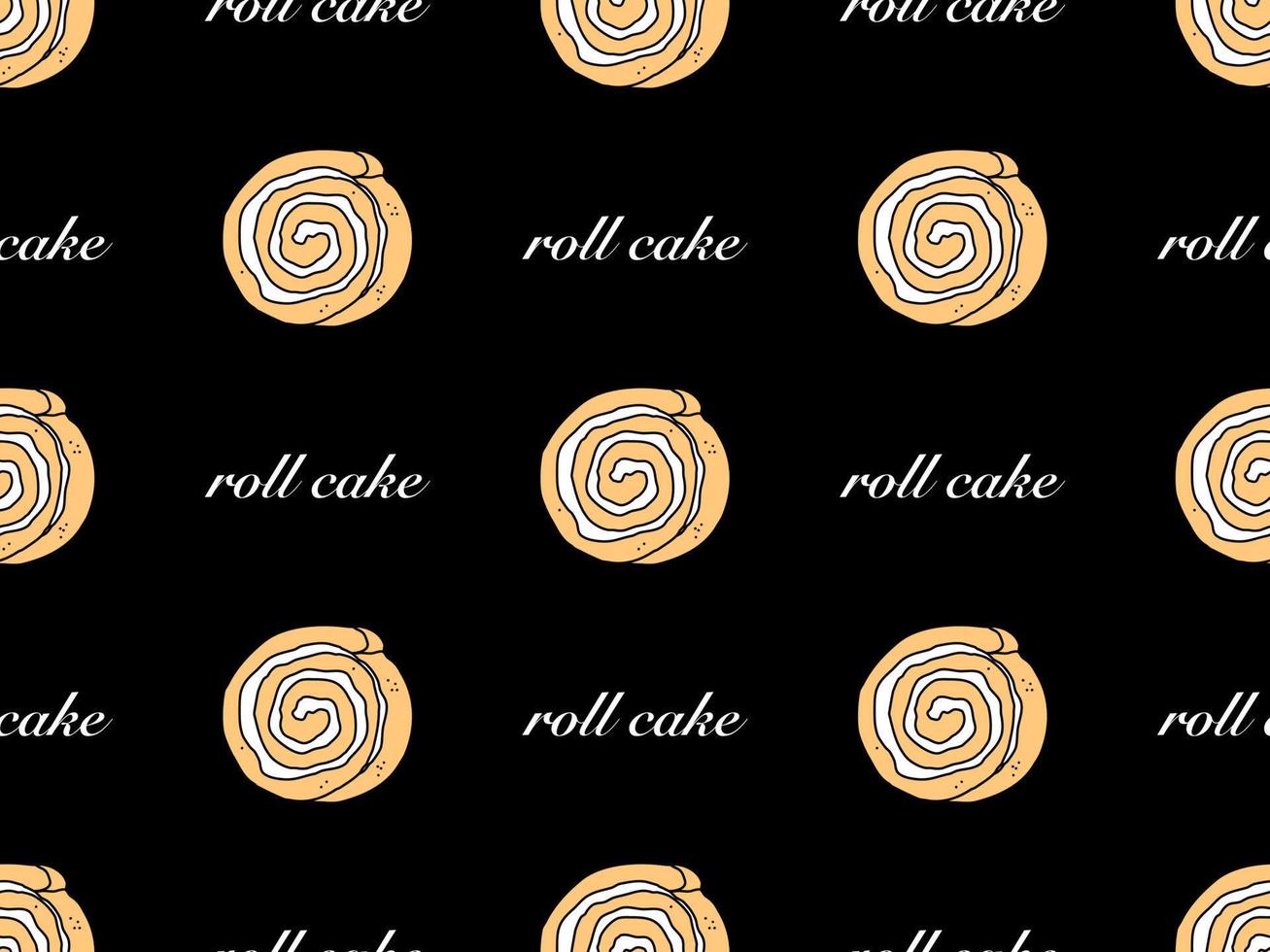 Roll cake personaje de dibujos animados de patrones sin fisuras sobre fondo negro vector