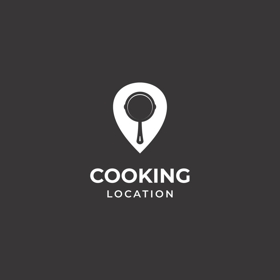 logotipo de ubicación de cocina, combinación de puntero con concepto moderno de diseño de logotipo de sartén vector