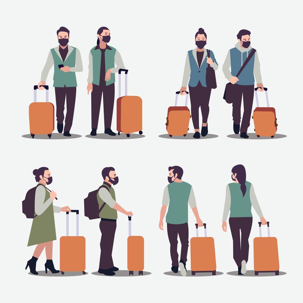 la maleta de transporte vectorial es un diseño de varias personas que usan máscaras y llevan maletas para viajar vector