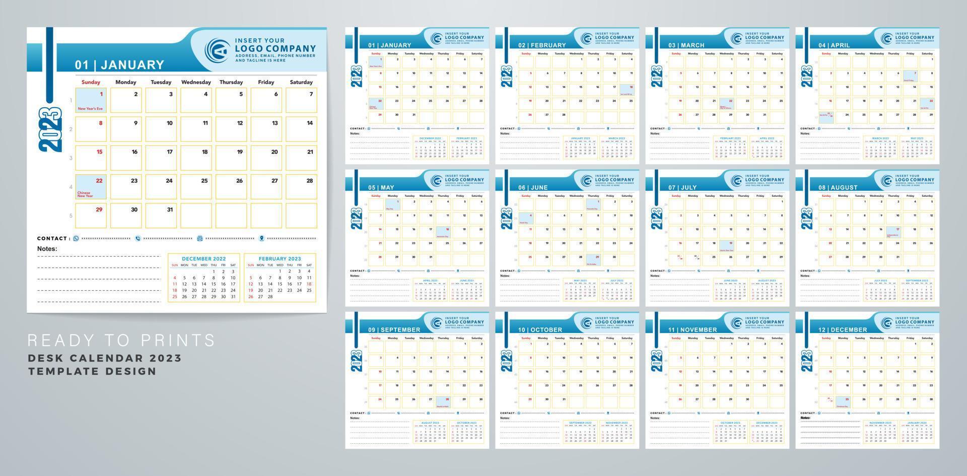 ilustración de diseños de plantillas de calendario de escritorio 2023 con conceptos de vacaciones indonesios para planificador de oficina, plantilla de planificador de diseño corporativo. listo para imprimir vector