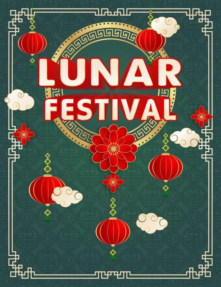 illustration of Lunar Festival lettering font and text concept with dark green background applicable for poster or banner, greeting card, invitation, sign promotional online store and shop, ecommerce vector