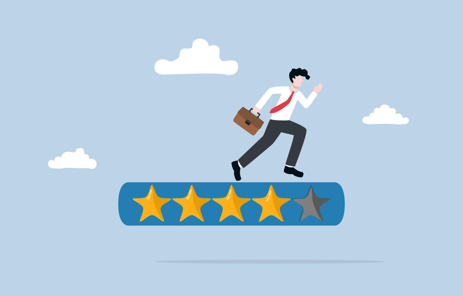 Aspiration and motivation for self-development, skill enhancement to boost productivity, expectation to be qualified employee, Businessman running on 5-star rating loading panel. vector