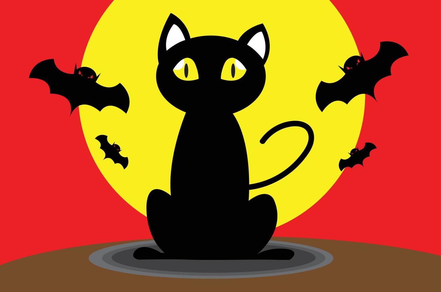 cartoon vector halloween bat flying near black cat and moon.