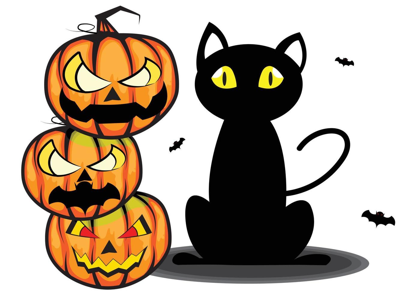 cartoon vector 3 stacked Halloween devil pumpkin heads next to a black cat.