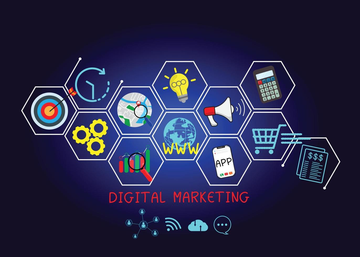 Concept digital marketing materials Advertise your website, email, social network, SEO, video, mobile app with icons and analyze ROI and strategy. vector