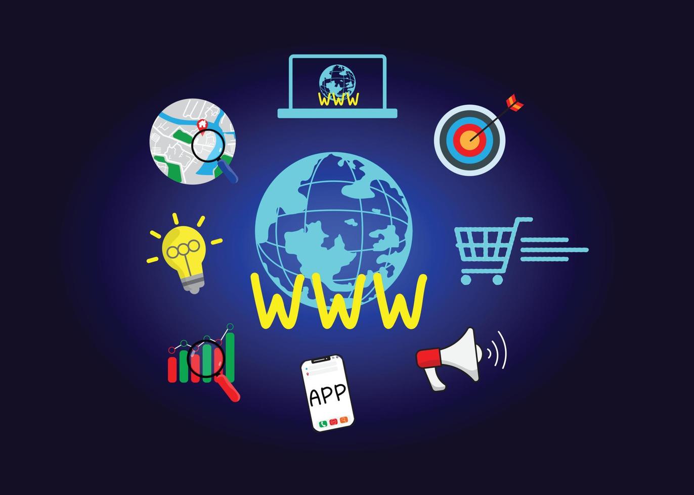Concept digital marketing materials Advertise your website, email, social network, SEO, video, mobile app with icons and analyze ROI and strategy. vector