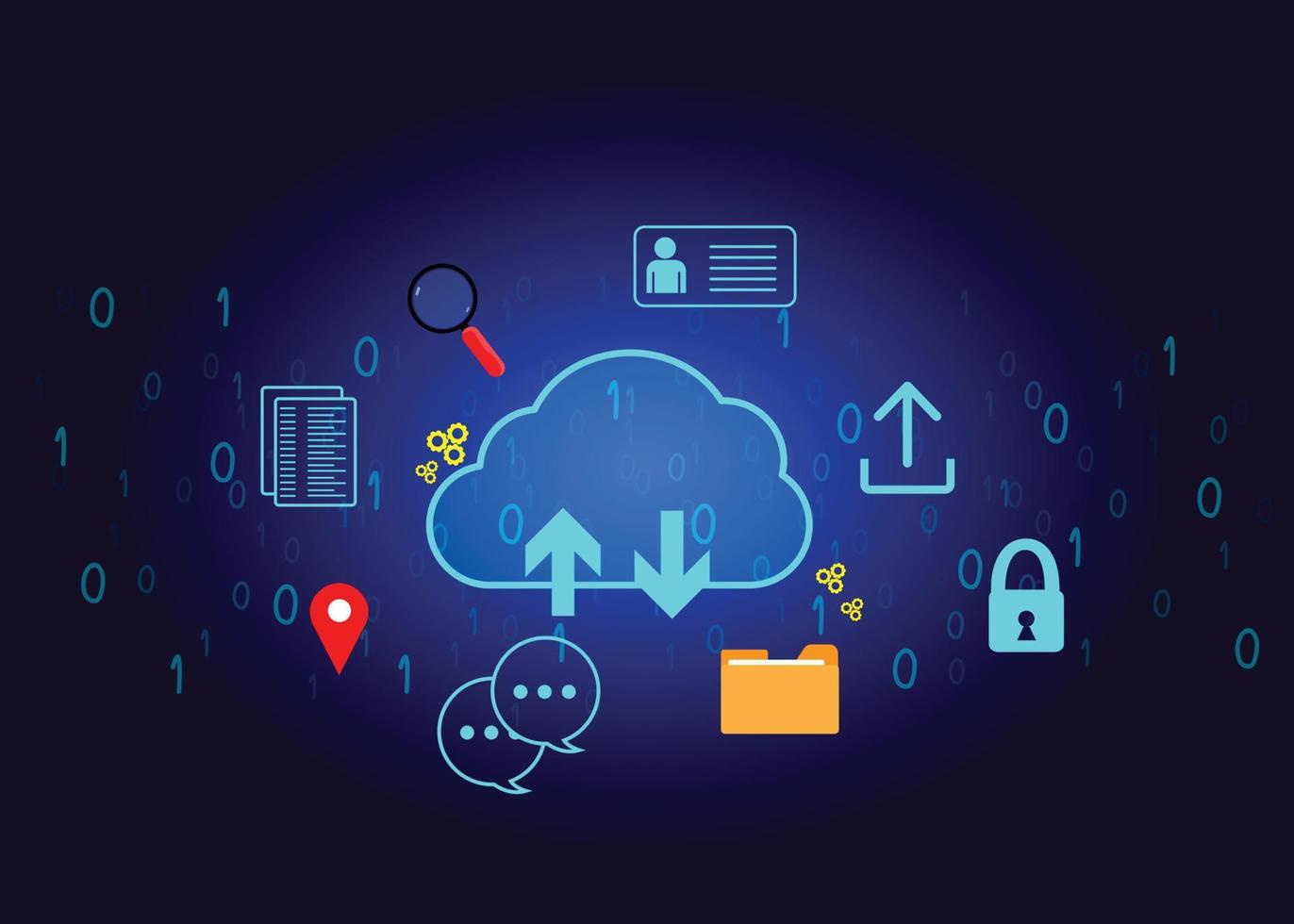 icono de la nube concepto de acceso a grandes datos, conexión de red global, búsqueda de datos, uso de recursos informáticos para realizar transacciones con tecnología de Internet en línea y protección de datos de seguridad cibernética. vector