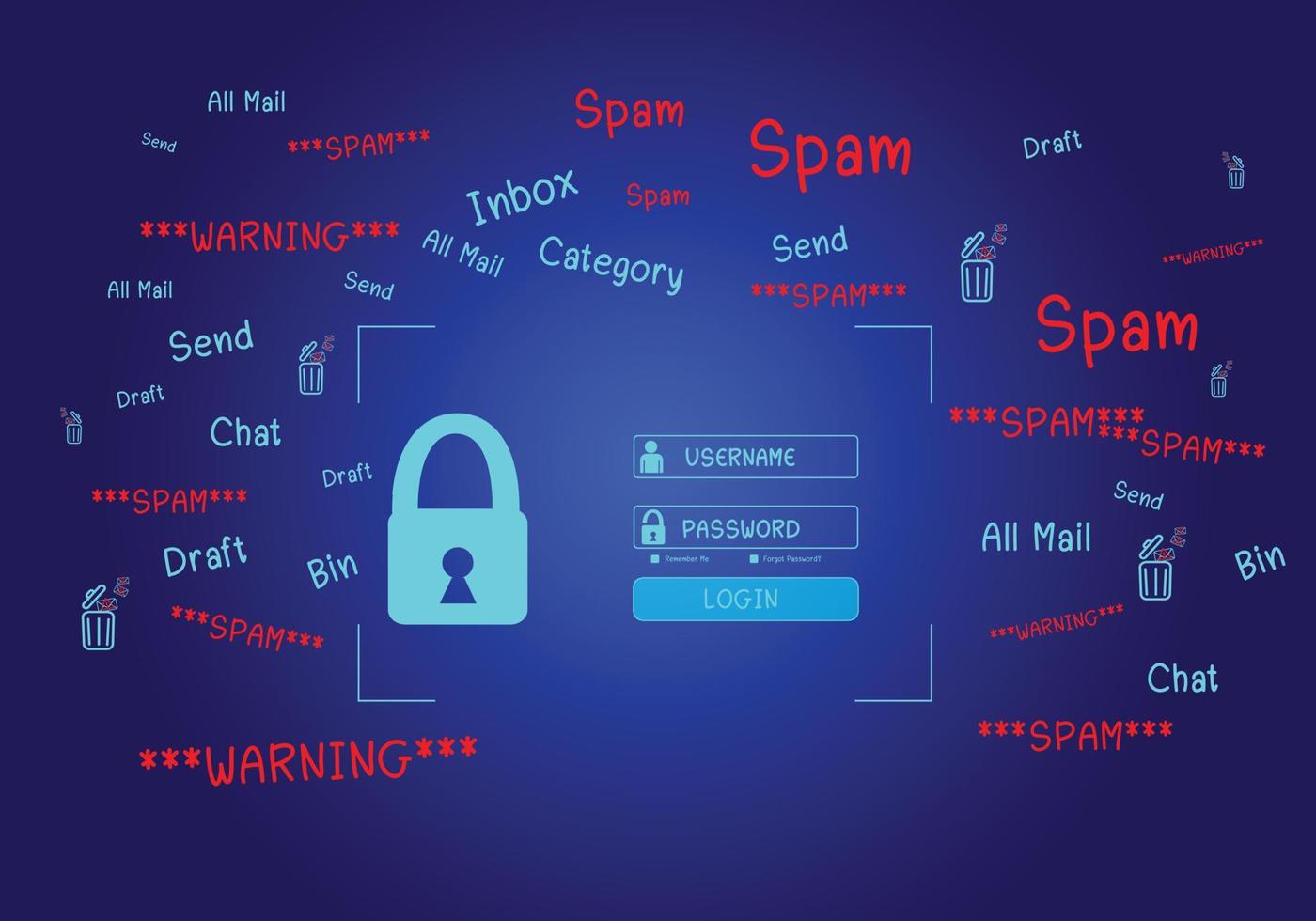 Concept of e-mail and computer viruses. Review the concepts of internet security, spam and e-marketing on screen. Spam email pop-up warnings. vector