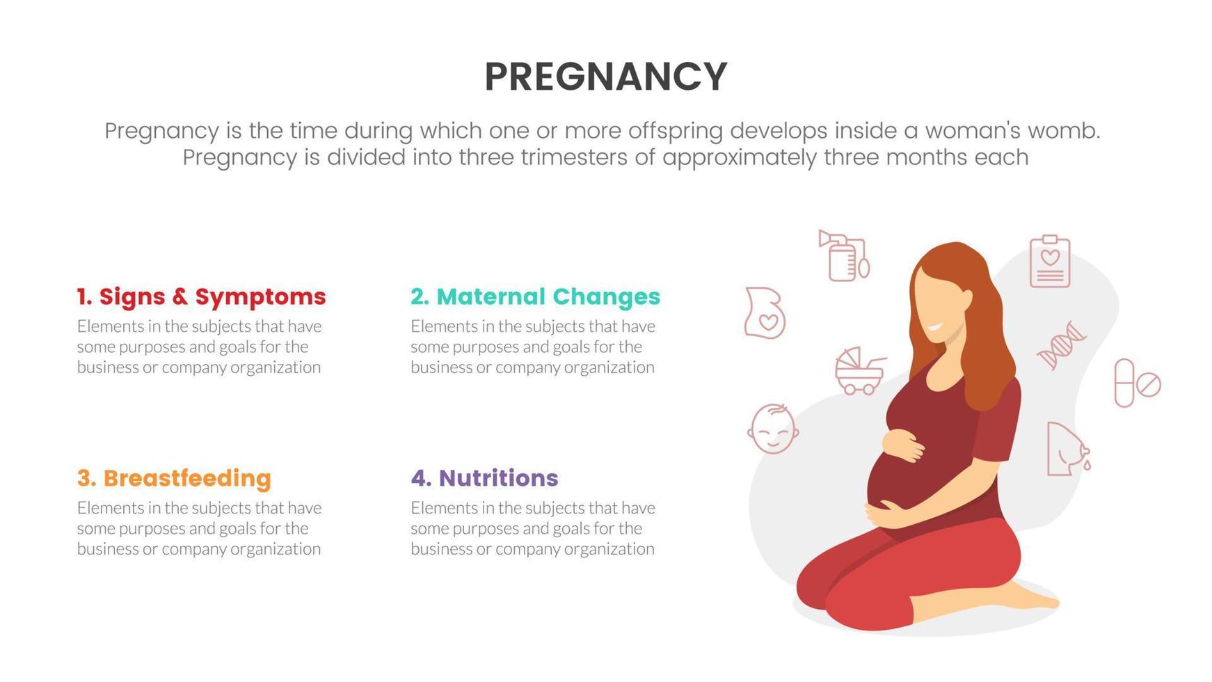 pregnant woman sitting on floor for pregnant or pregnancy infographic concept for slide presentation with 3 point list vector