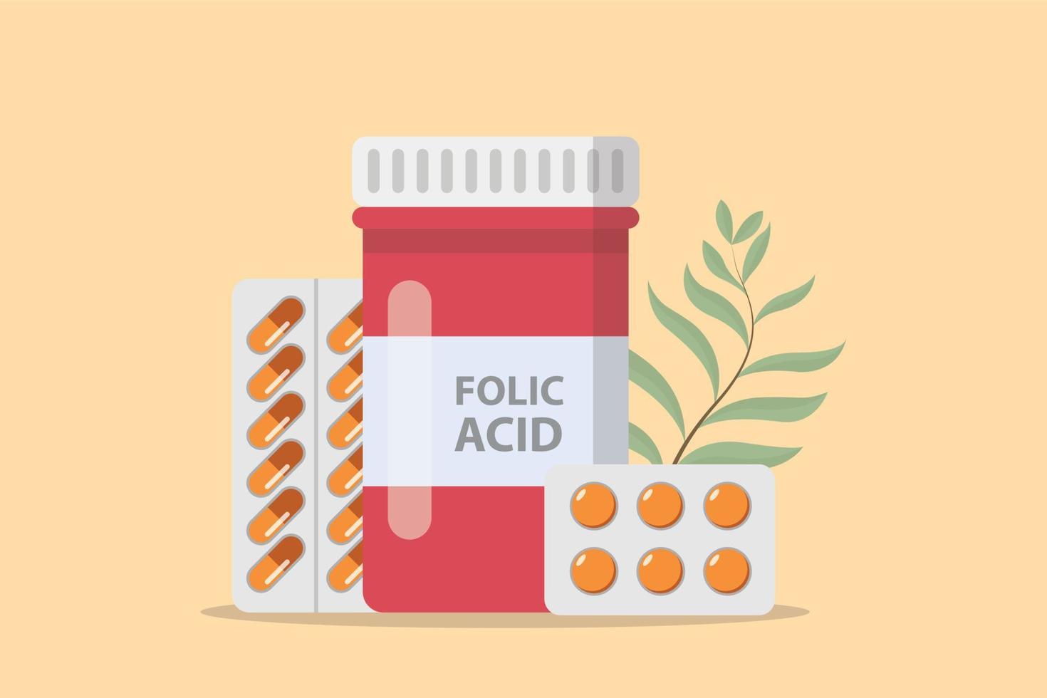 folic acid supplement vitamin for pregnant woman in the bottle and capsule with modern flat style vector