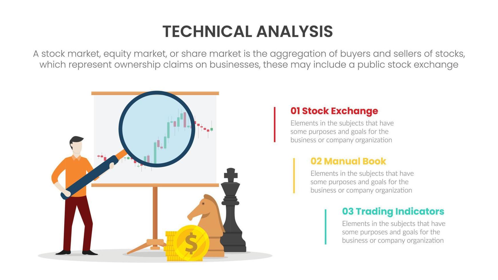 Concepto de infografía de intercambio de comercio de mercado de valores de análisis técnico de aprendizaje para presentación de diapositivas con lista de 3 puntos vector