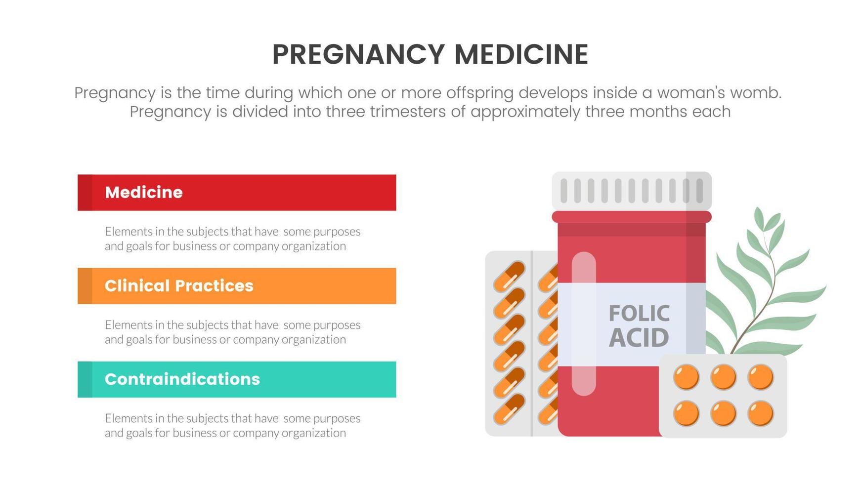 concepto de infografía de medicina y droga embarazada o embarazo para presentación de diapositivas con lista de 3 puntos vector