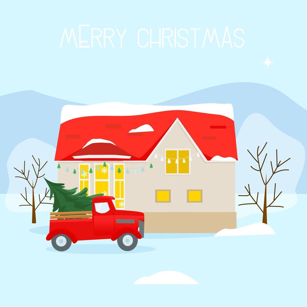 casa de navidad cubierta de nieve con coche rojo. tarjeta de felicitación de vacaciones vector
