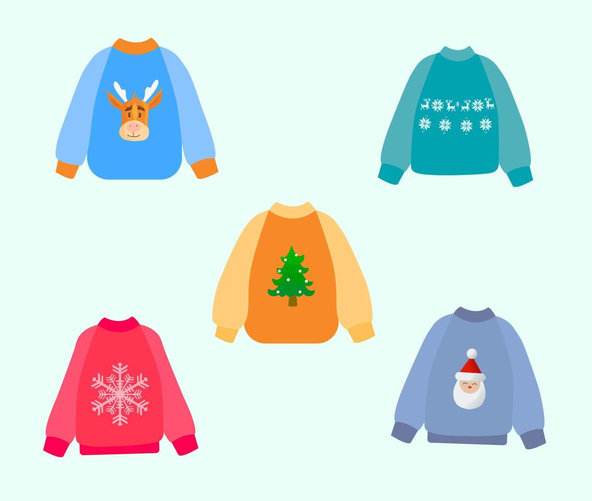 conjunto de vacaciones con feos suéteres navideños. jerseys de invierno de punto. vector