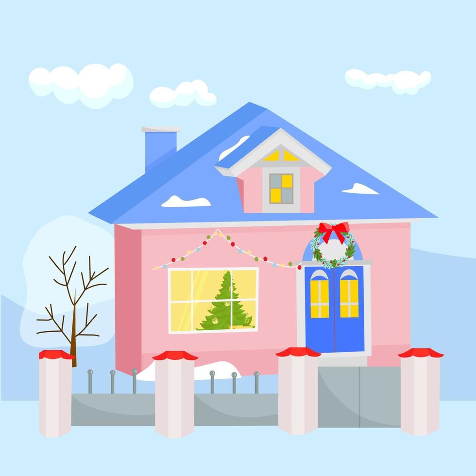 Decorated building with fence, Building in holiday ornament. Christmas greeting card. vector