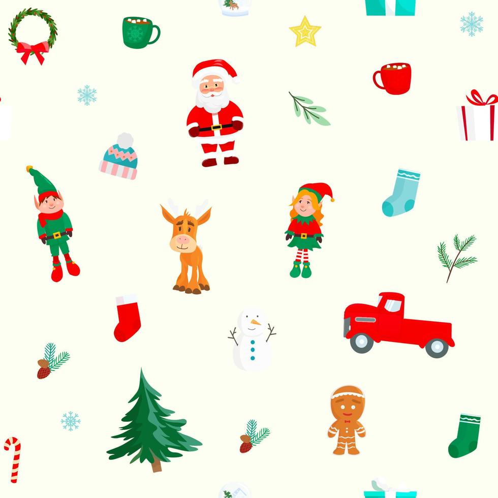 Vector seamless flat pattern with Christmas characters of Happy New Year.