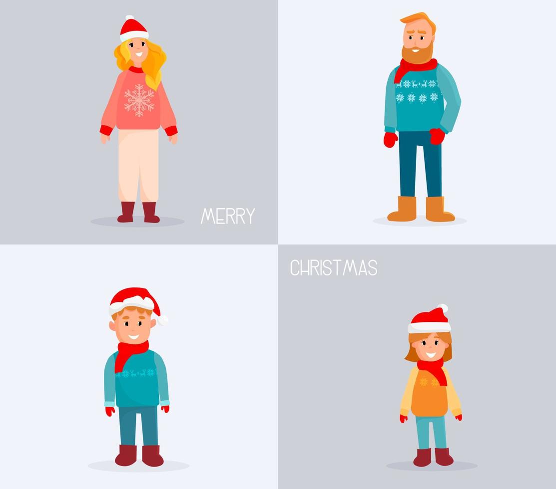 Family characters in Christmas clothes, cartoon parents with kids. Merry Christmas card vector