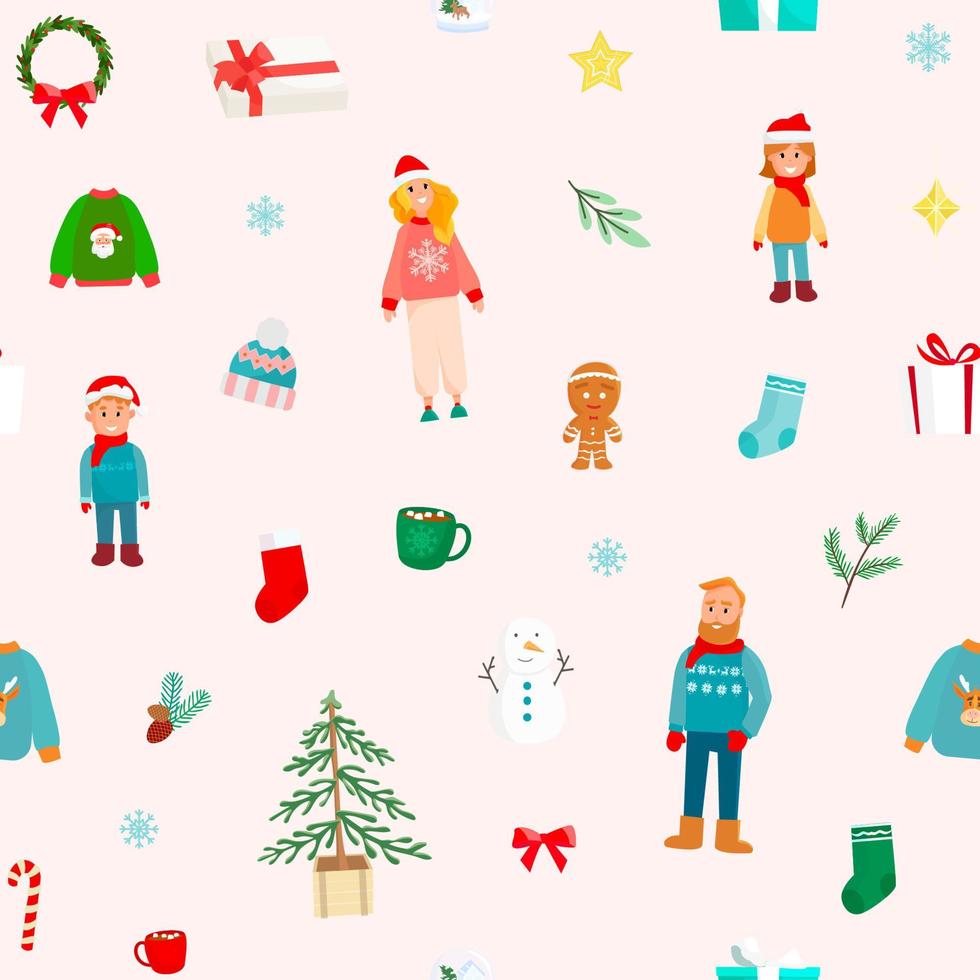 VintagePatternHoliday seamless pattern with cartoon family, snowman, clothes and fir tree. Background for wrapping paper, textile, fabric. vector