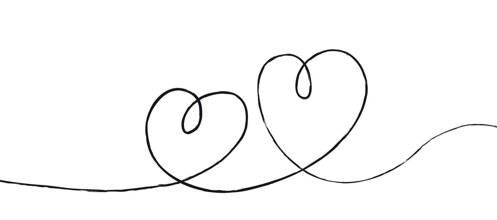 Black thin lines two love hearts on a white background - Vector