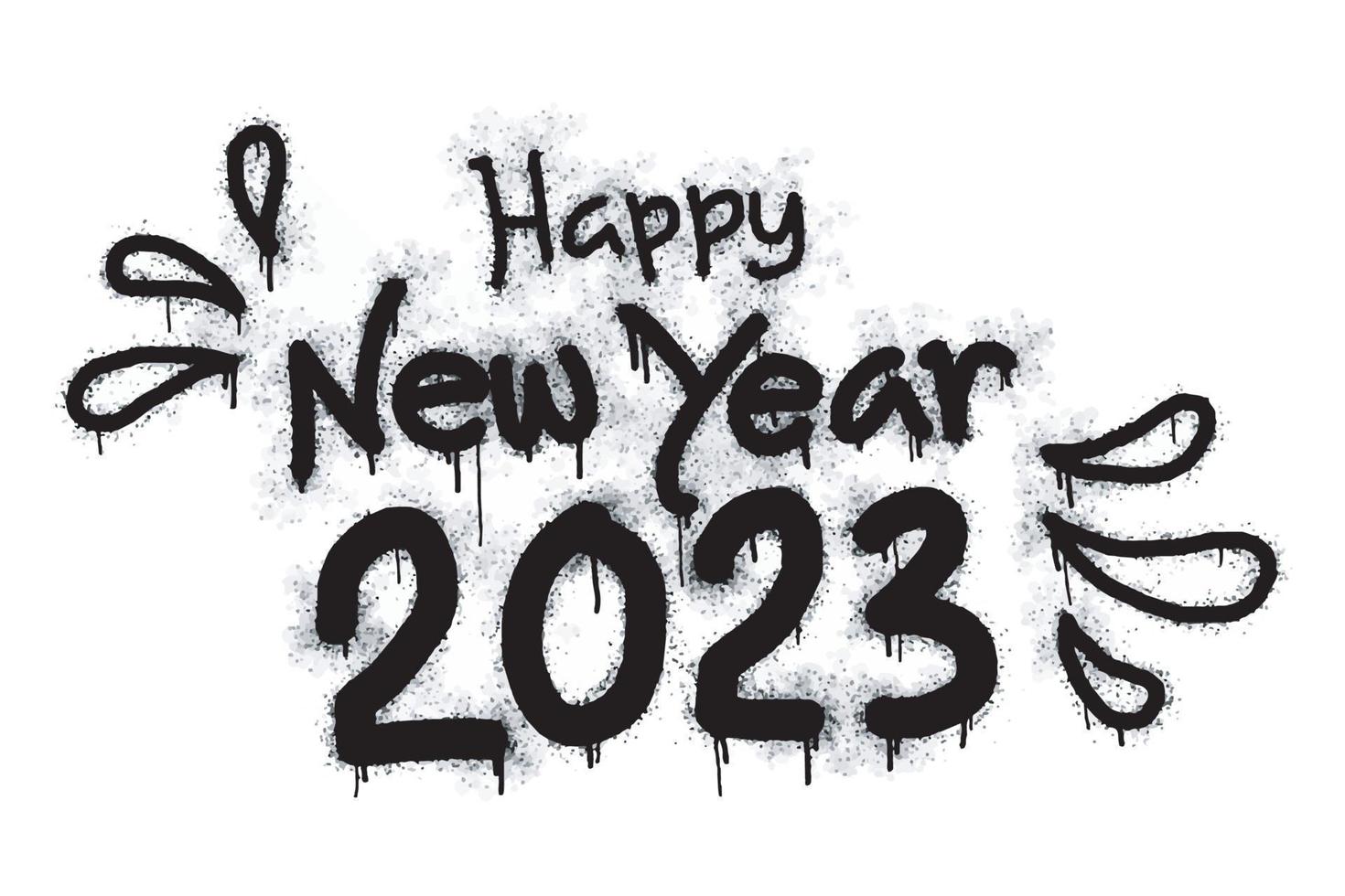 feliz año nuevo 2023. graffiti pintado con spray en negro sobre blanco. gotas de palabras de feliz año nuevo rociadas. aislado sobre fondo blanco. ilustración vectorial vector