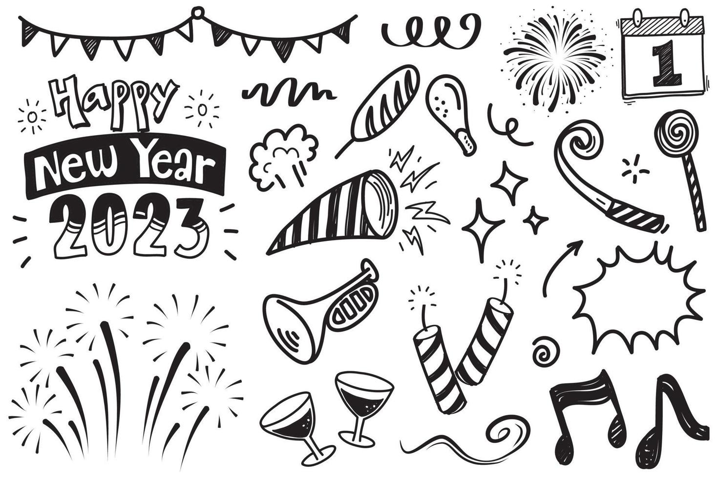 Hand drawn set elements, abstract arrows, ribbons, fireworks, celebrating new year, trumpets, hearts, stars, crowns and other elements in a hand drawn style for concept design. Scribble illustrat vector
