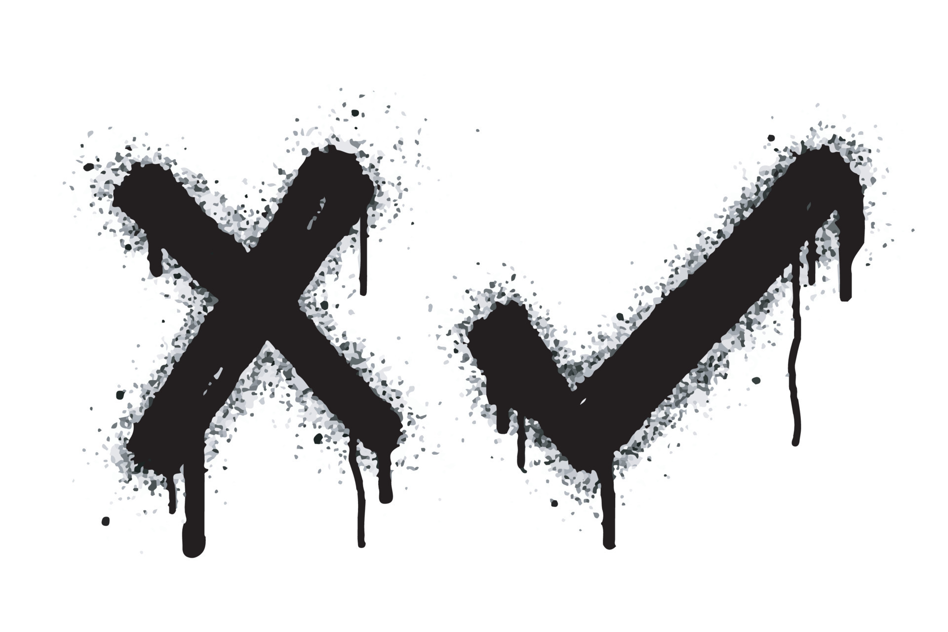 collection of Spray painted graffiti check mark in black over white. X