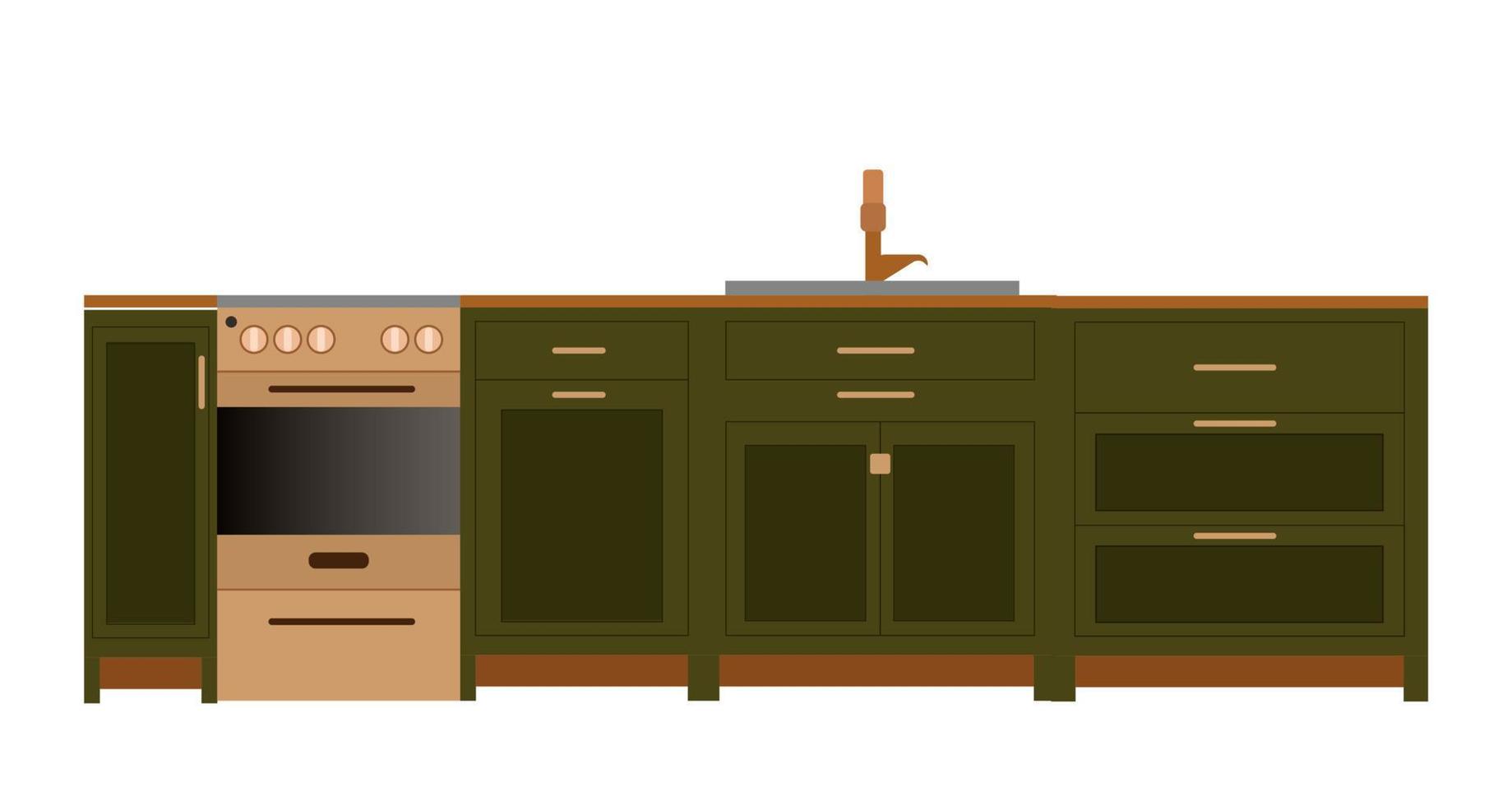 Kitchen, flat style. Green kitchen with stove, shelves, utensils and decor. vector