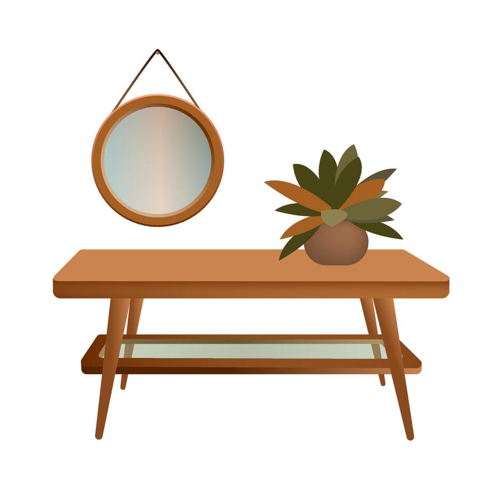 Coffee table with a house flower and a mirror on the wall. Isolated objects on a white background. vector