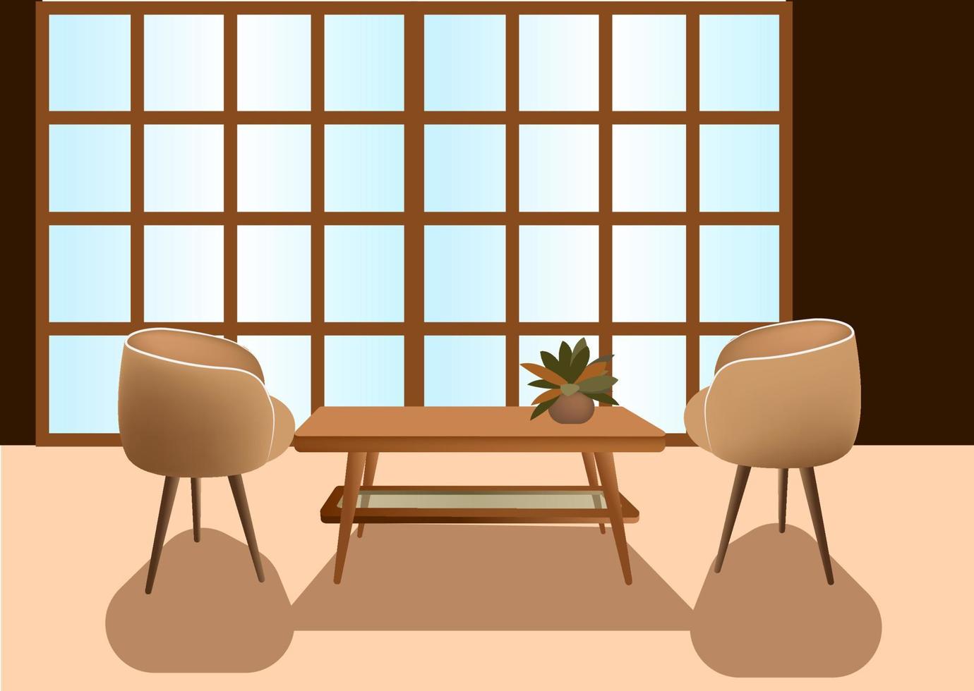 Living room interior. Two armchairs and a table. A cozy place to read, relax or reflect. Set of vector furniture and flowers. Flat style. Graphic design template.