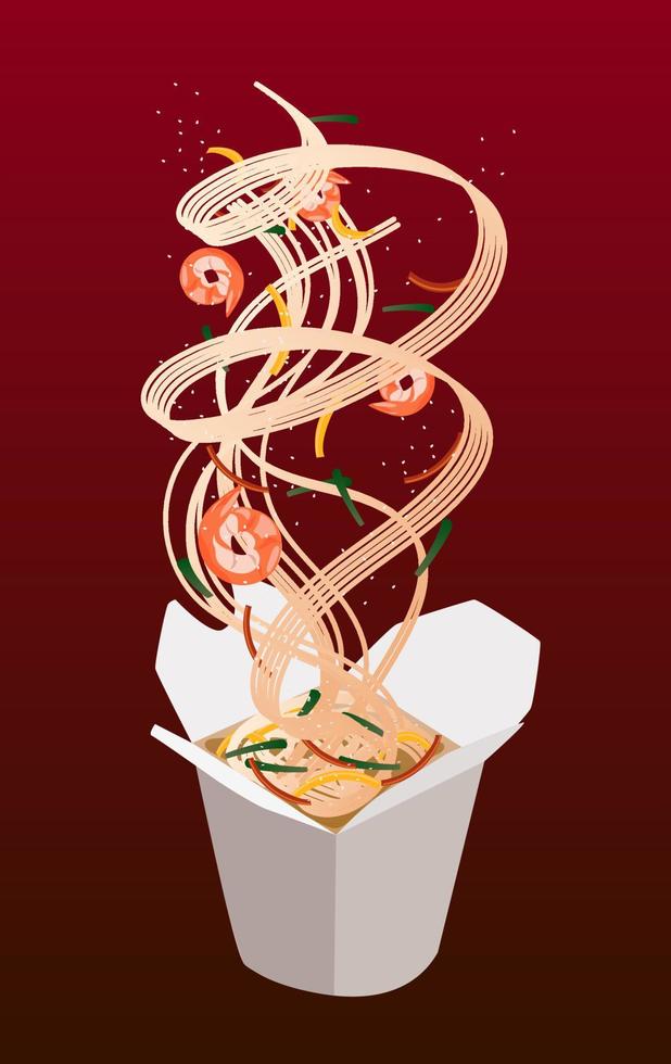 Takeaway carton box noodles with veggies and wok fried shrimp. Take out carton food package with noodle hieroglyphs. Traditional Chinese, Thai dish, flat vector illustration.