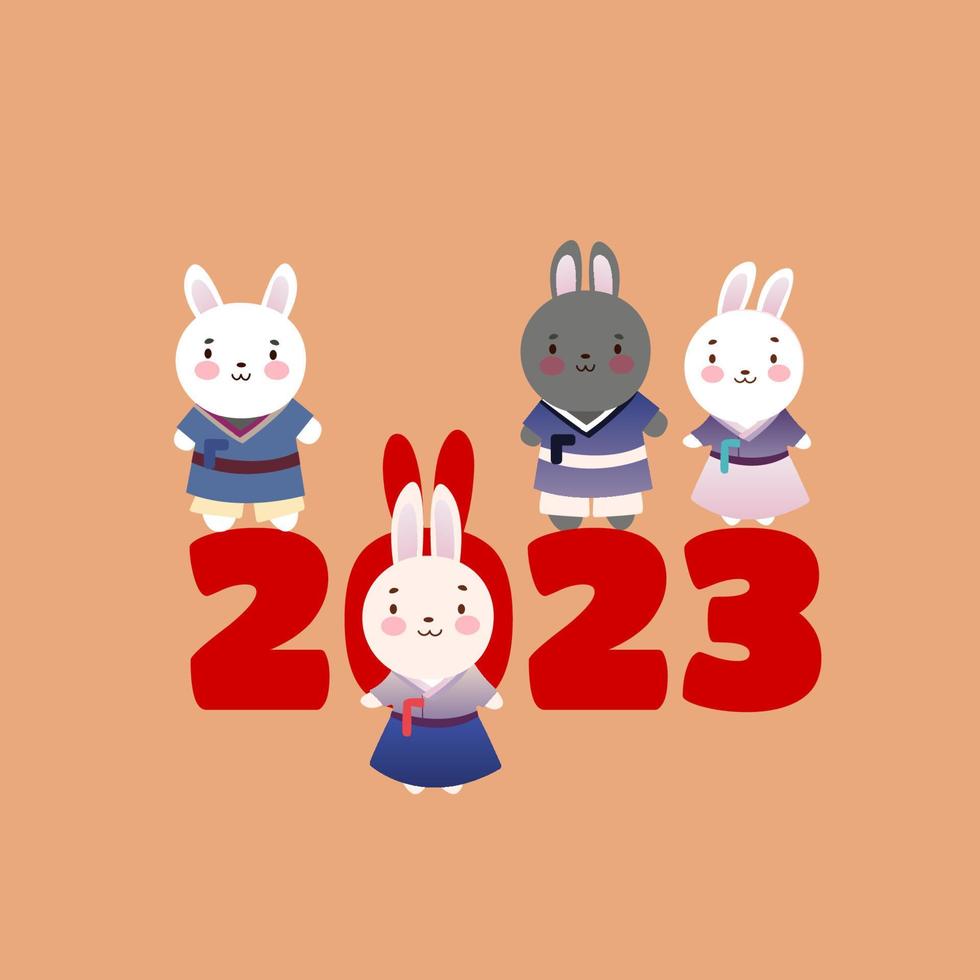2023 año gyemyo ilustración de personaje de conejo de año nuevo. familia de conejos con regalos para el nuevo año. tarjeta postal. ilustración vectorial estilo plano vector