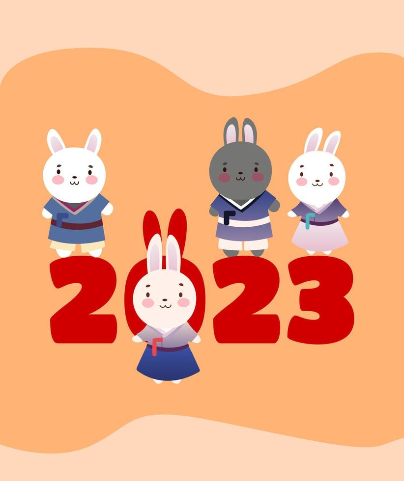 2023 año gyemyo ilustración de personaje de conejo de año nuevo. familia de conejos con regalos para el nuevo año. tarjeta postal. ilustración vectorial estilo plano vector