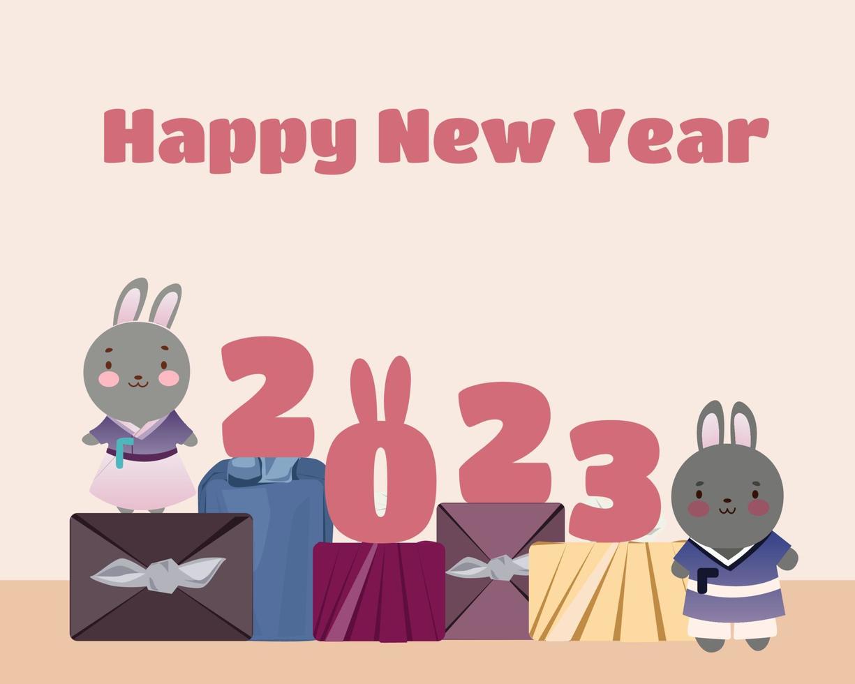 2023 Gyemyo Year New Year s rabbit character Illustration. Family of rabbits with gifts for the new year. Postcard. Vector illustration. Flat style.
