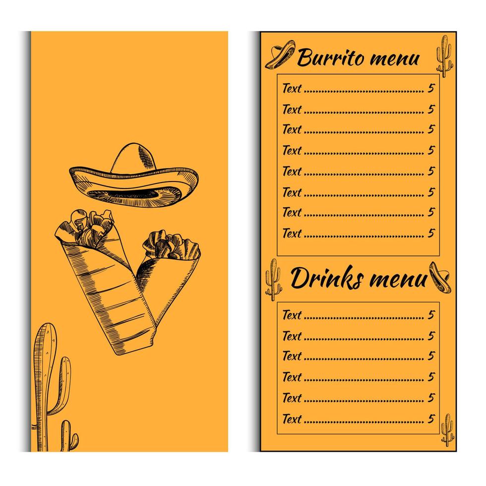 Mexican menu placemat food restaurant, burrito Menu Template. Vintage creative dinner brochure with hand-drawn graphic. Vector food menu flyer.