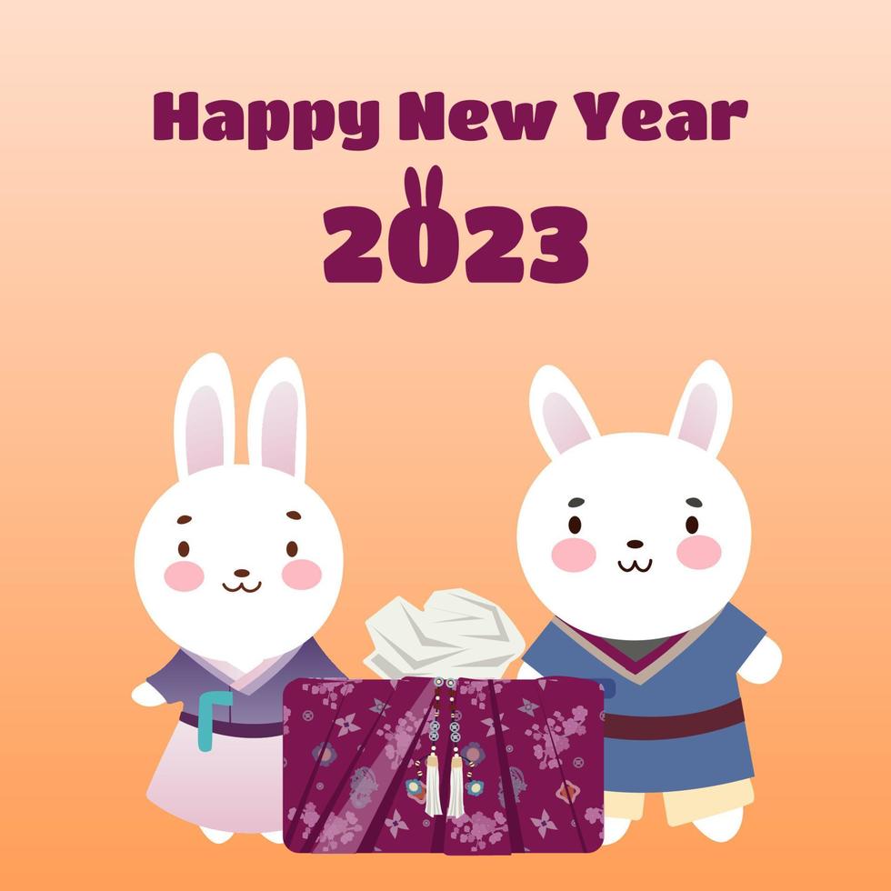2023 Gyemyo Year New Year s rabbit character Illustration. Family of rabbits with gifts for the new year. Postcard. Vector illustration. Flat style.