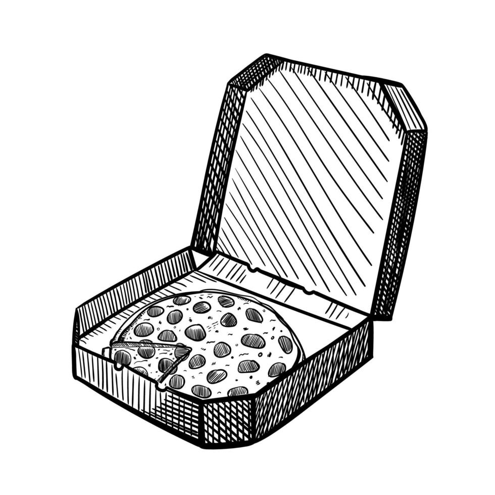 juego de tintas dibujadas a mano de cajas de pizza. esbozar una caja de pizza abierta. pizza dibujada a mano en caja de cartón. ilustración de tinta vintage de entrega. vector