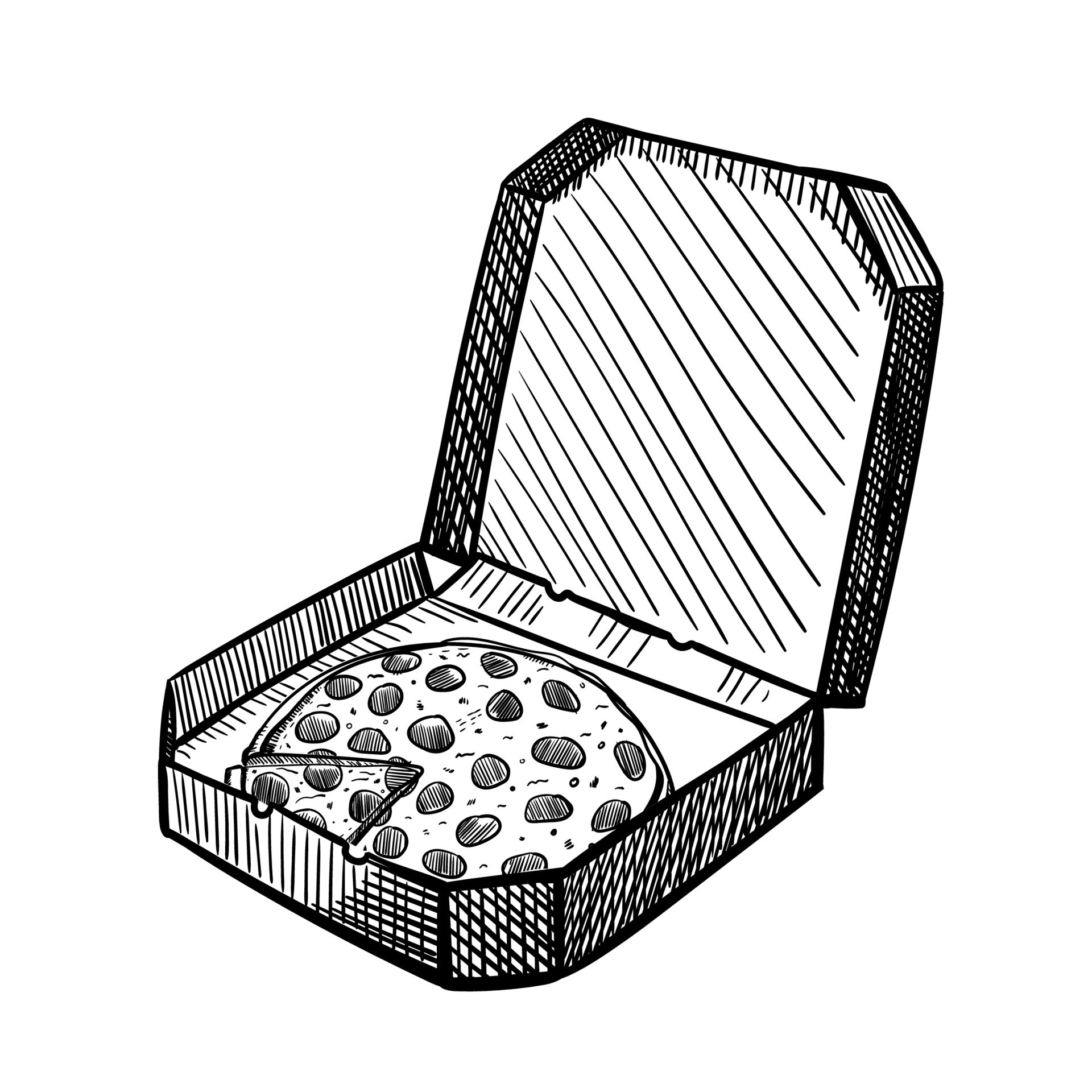 Hand drawn ink set of pizza boxes. Sketch Open pizza box. Hand drawn