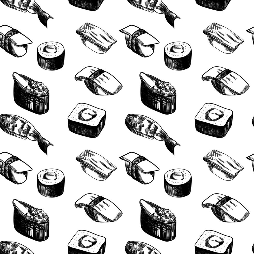 Sketchy sushi and rolls seamless pattern. Black and white background for for asian cafe, restaurant. Design for fashion , fabric, textile, wallpaper, cover. Vector illustration.