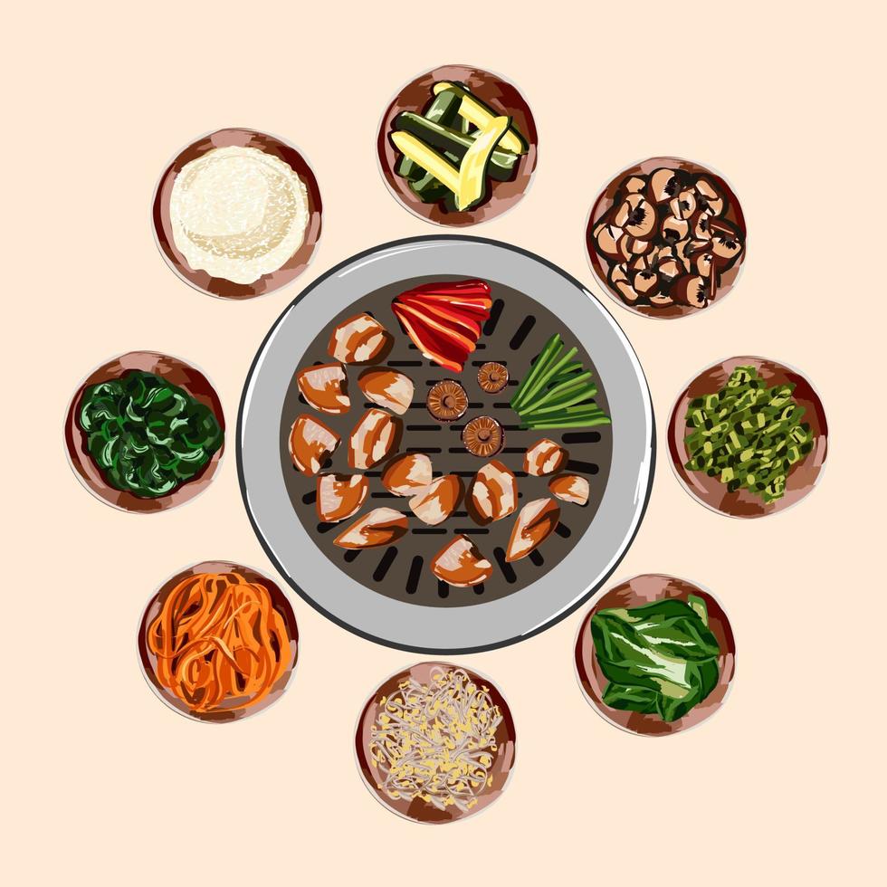 Traditional Korean food, korean barbecue, grilling beef, BBQ. Grilled snacks. Illustration for restaurant menu. Top view. Vector illustration.