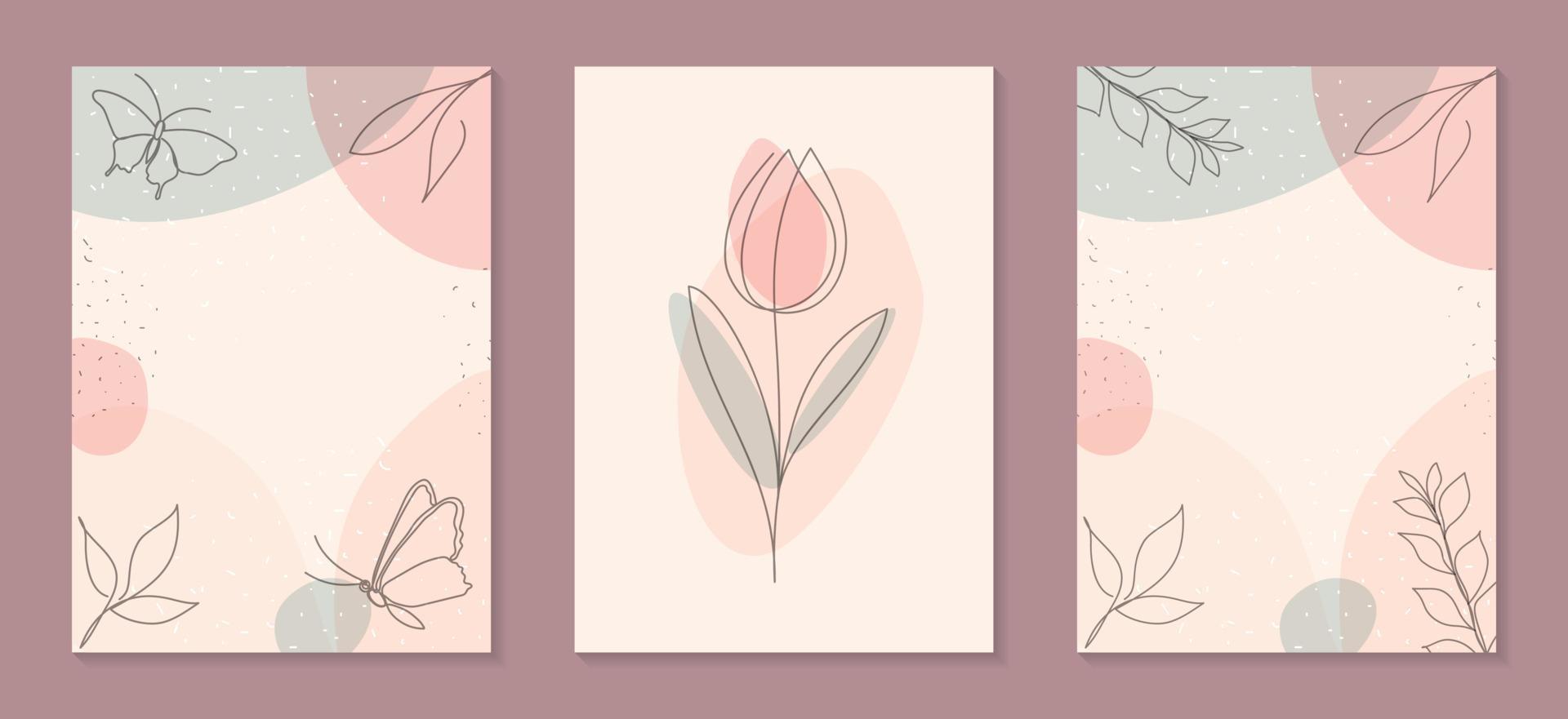 conjunto de tarjeta de plantilla o afiche con arte botánico de una línea con tulipán, mariposa y hojas sobre fondo de color pastel. diseño para tarjetas de felicitación, invitación, redes sociales o póster para decoración de interiores. vector