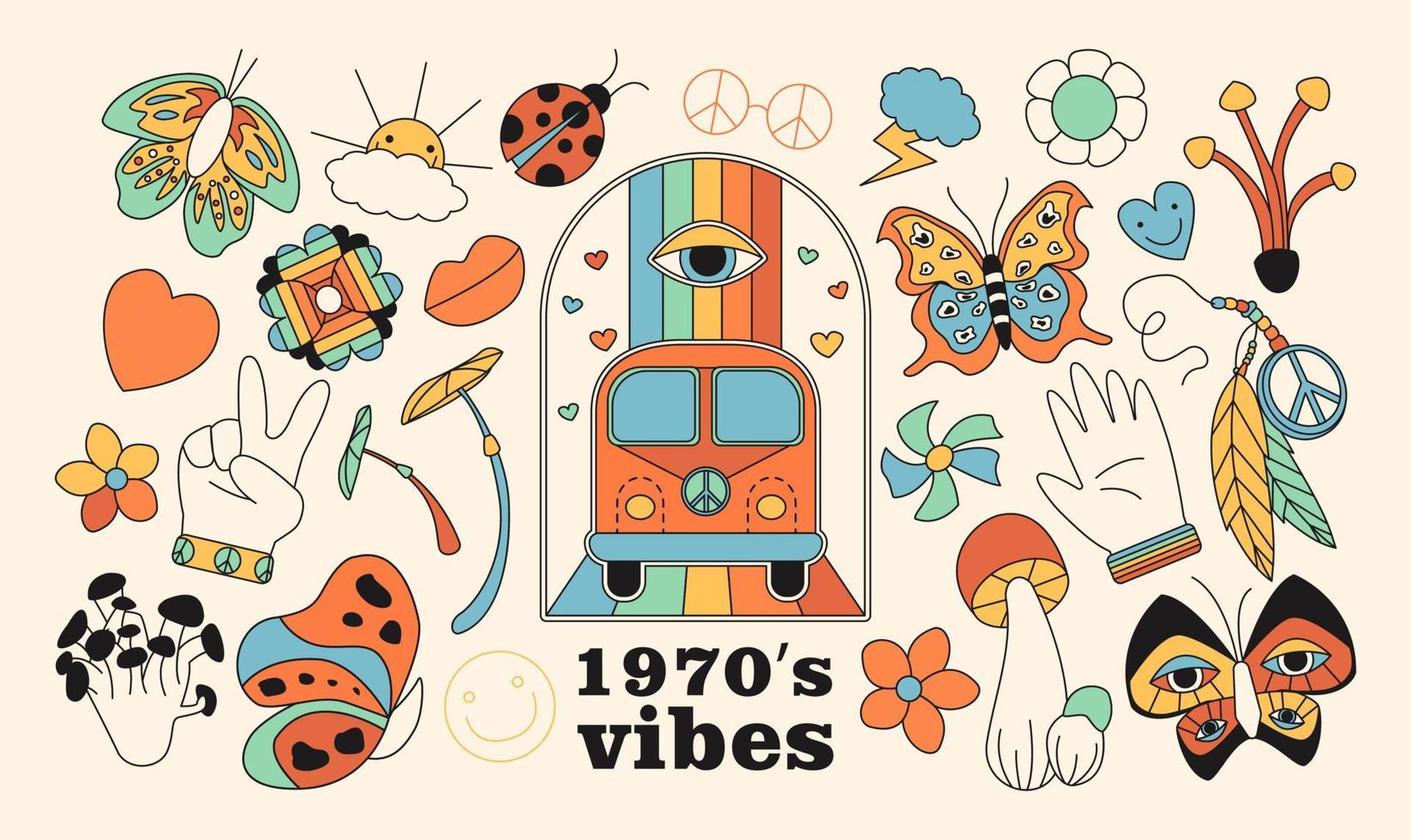 Set of hipster retro psychedelic elements. A collection of cool cliparts from the 70's. Set of groovy outline style elements vector