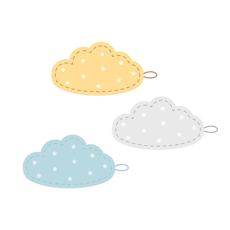 Set of textile clouds, cute boho baby toys in Scandinavian style. Textile toys, cute minimal plaything for children, toy clipart, element for kids. Newborn essentials object in boho style vector